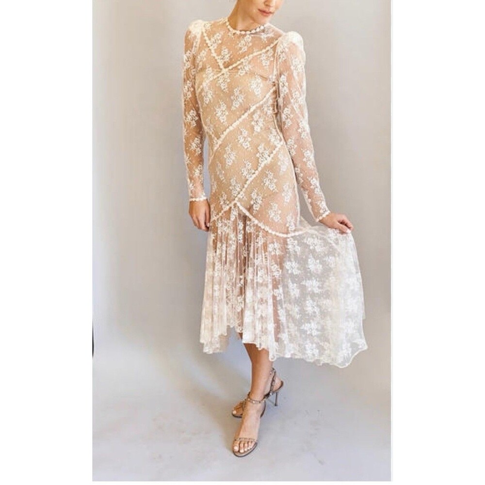 Gatsby Style Vintage Lace Sheer Dress Sz 7/8 Union Made In USA Dainty Fairy Chic